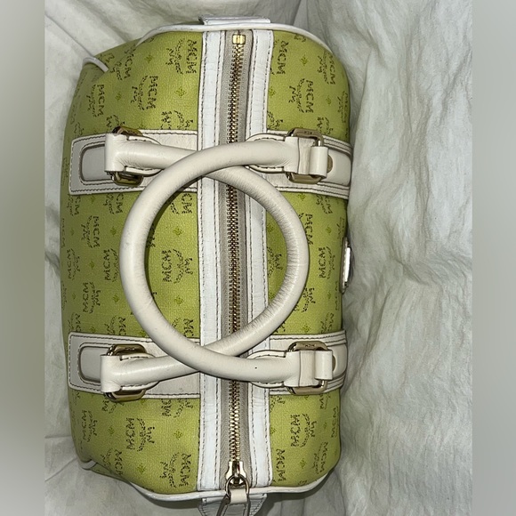 MCM Handbag Boston Speedy Bag Green MCM Leather Visetos Satchel Tote Bags Purses - Picture 3 of 12